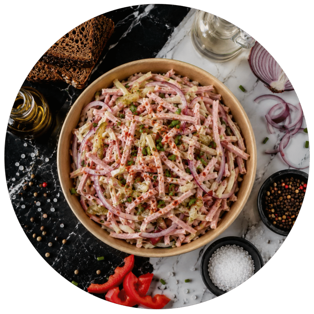 Bowl of ham and potato salad with red onion slices and herbs on a marble surface